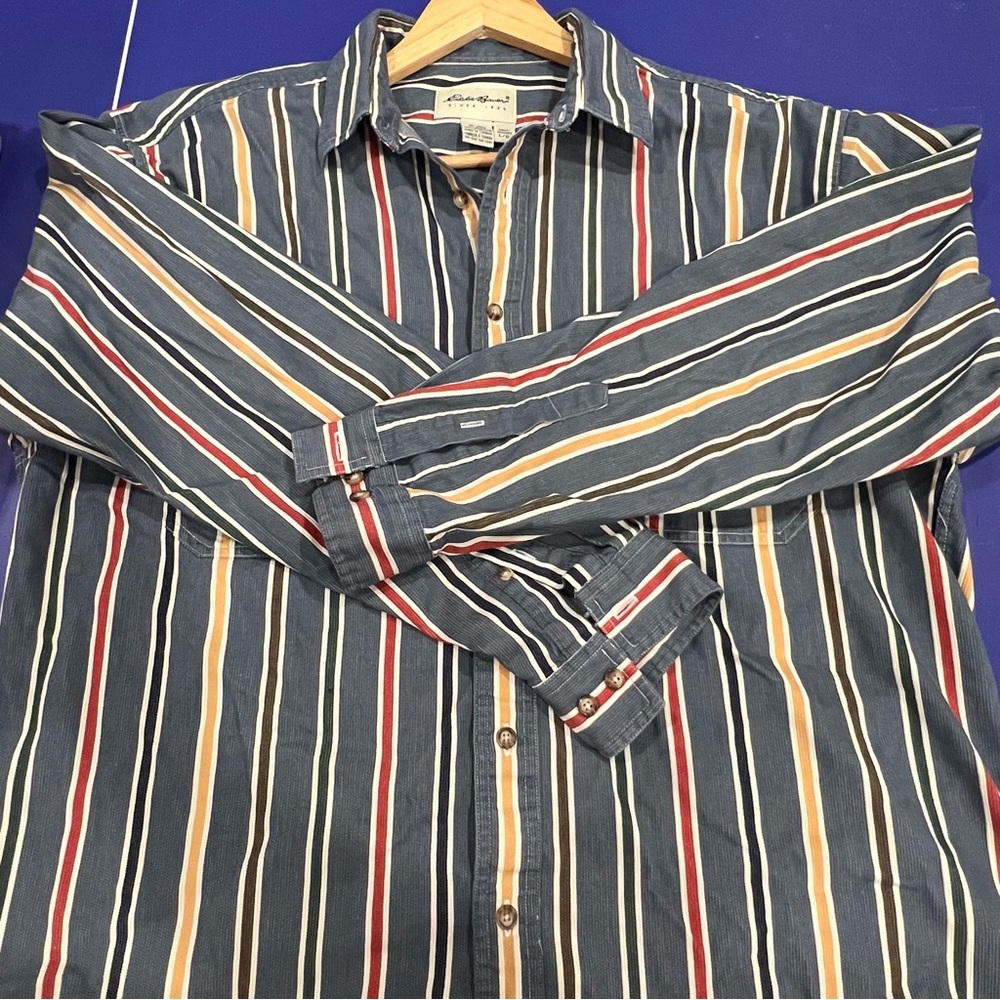 Vintage Eddie Bauer large long sleeve Button Shirt Blue casual stripe cotton Y2K